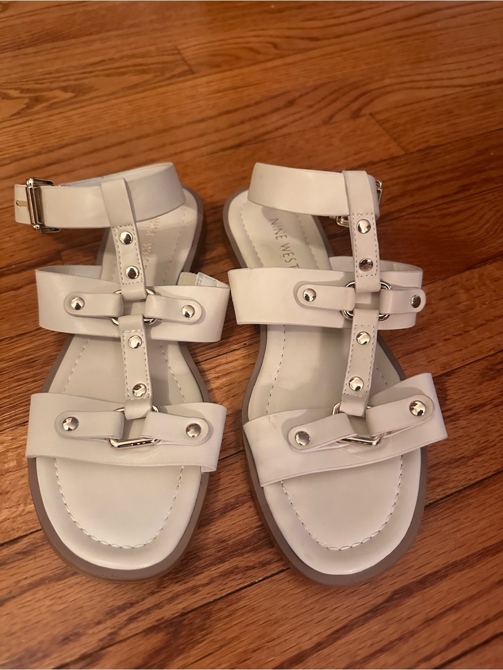 Nine West White Stud-Accent T-Strap Sandals